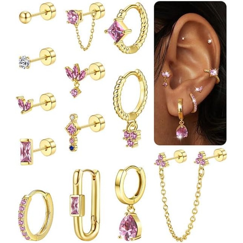 Image of 2d Flat - 13pcs Golden Earrings Studs Set For Multiple Piercings Women Flat Back Cartilage Helix Small Stud Hoop Stainless Steel Earrings Huggie Green Cz Earrings Pink Cz For Women