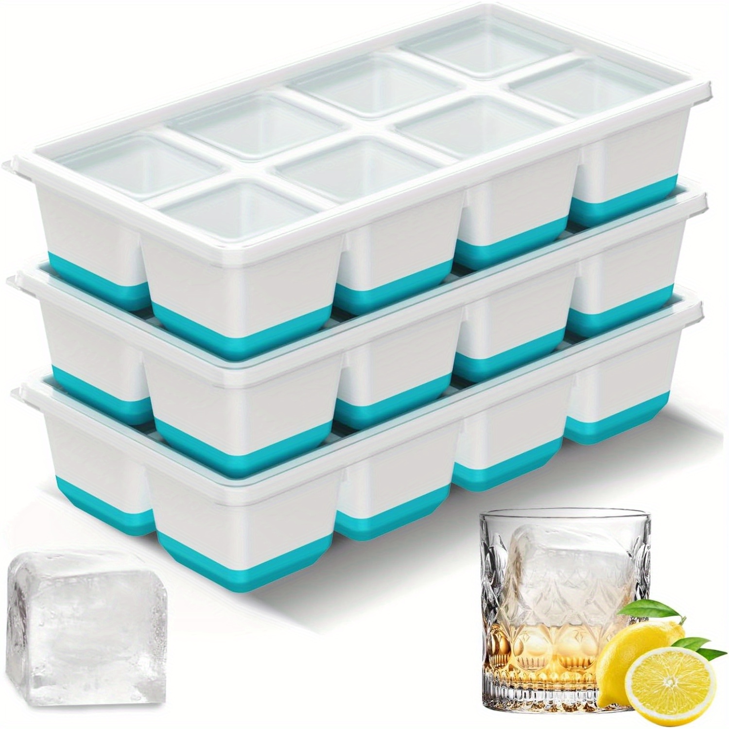 TEMU Ice Cube Tray 3pcs, Square Large Ice Cube Molds For Freezer, Bpa-free, Dishwasher Safe, Ice Trays For , Whiskey (blue)