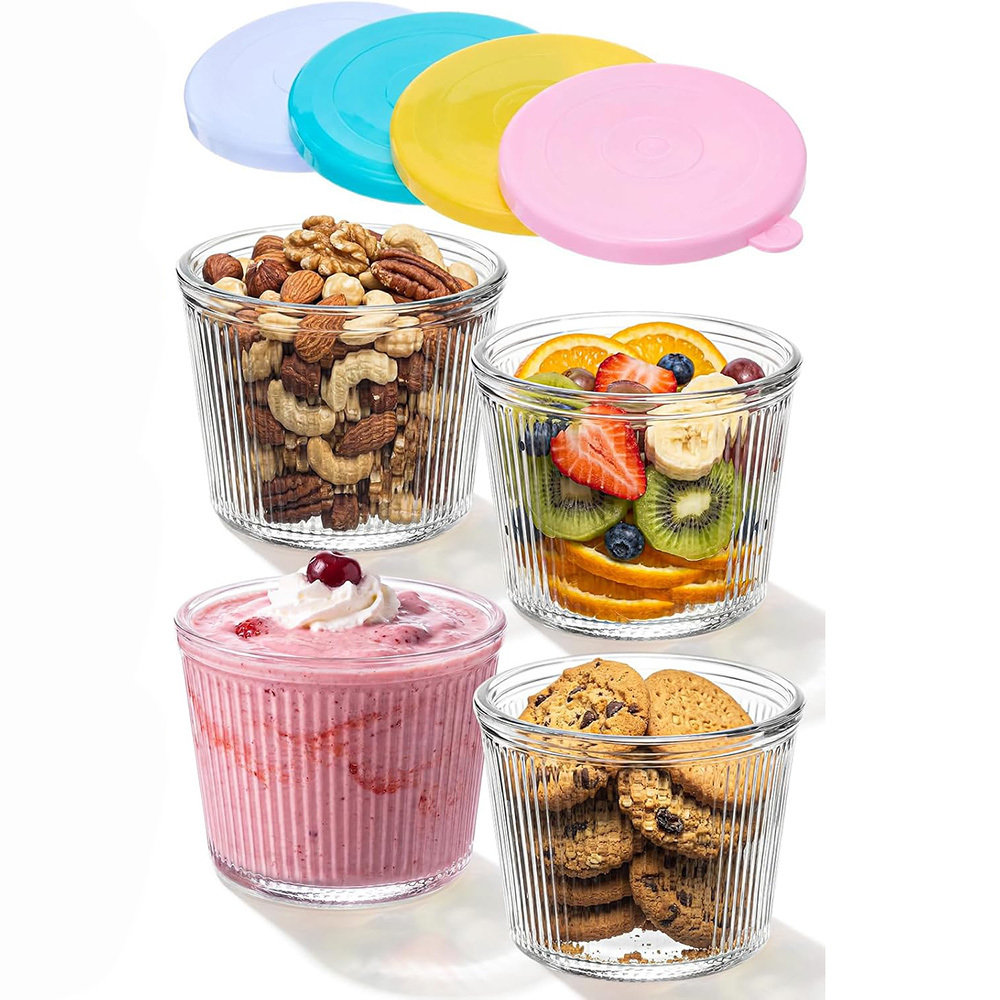 TEMU 4 Sets Small Glass Bowls With Pastel Lids 6.8oz Ribbed Clear Glass Containers Stackable Dessert Custard Pudding Cups Condiment Bowls For Sauces