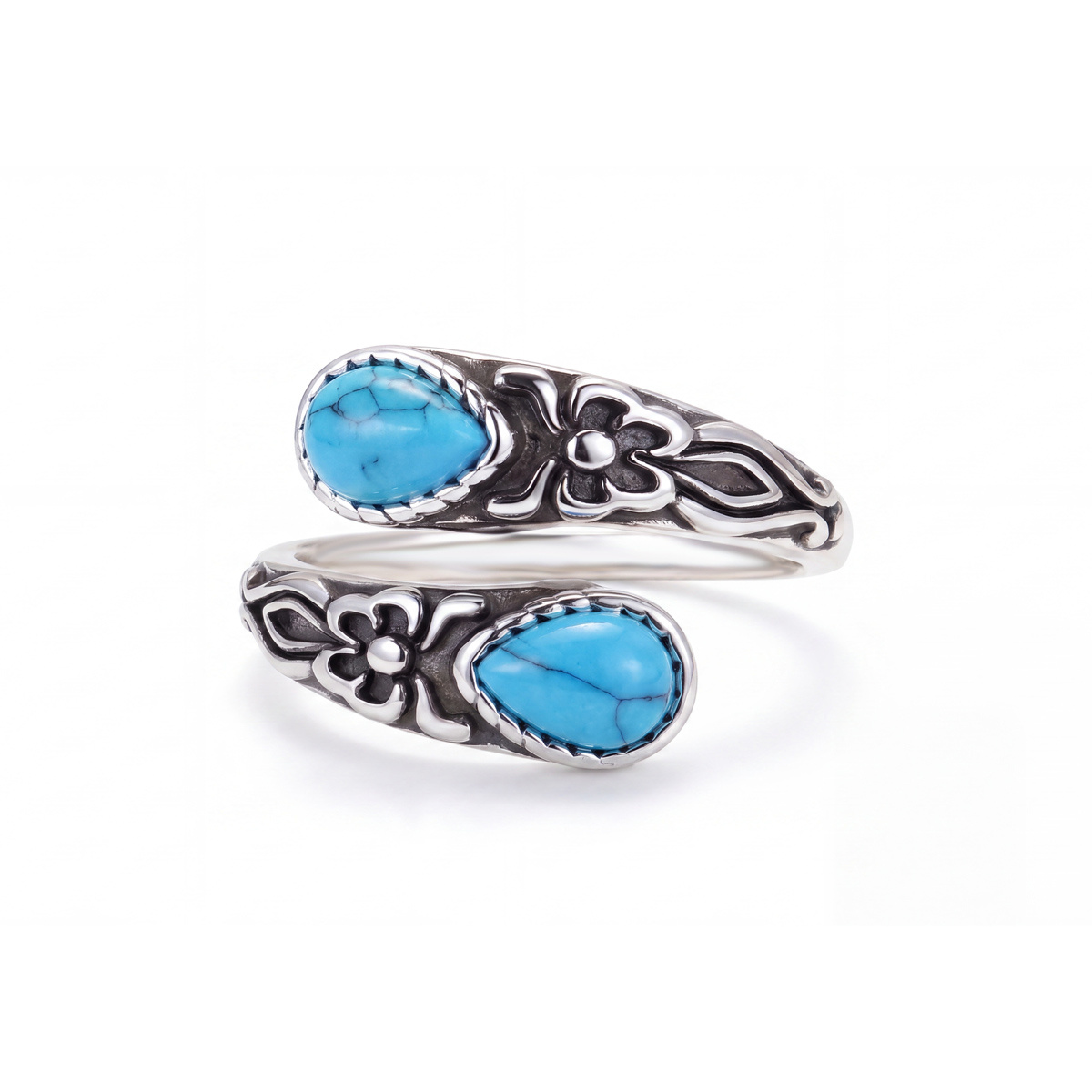 Image of S925 Silver Antique-style Vintage Pattern Embossed Ring, Set With And Turquoise In A Teardrop Design. Family Or Girlfriend On Valentine's Day.