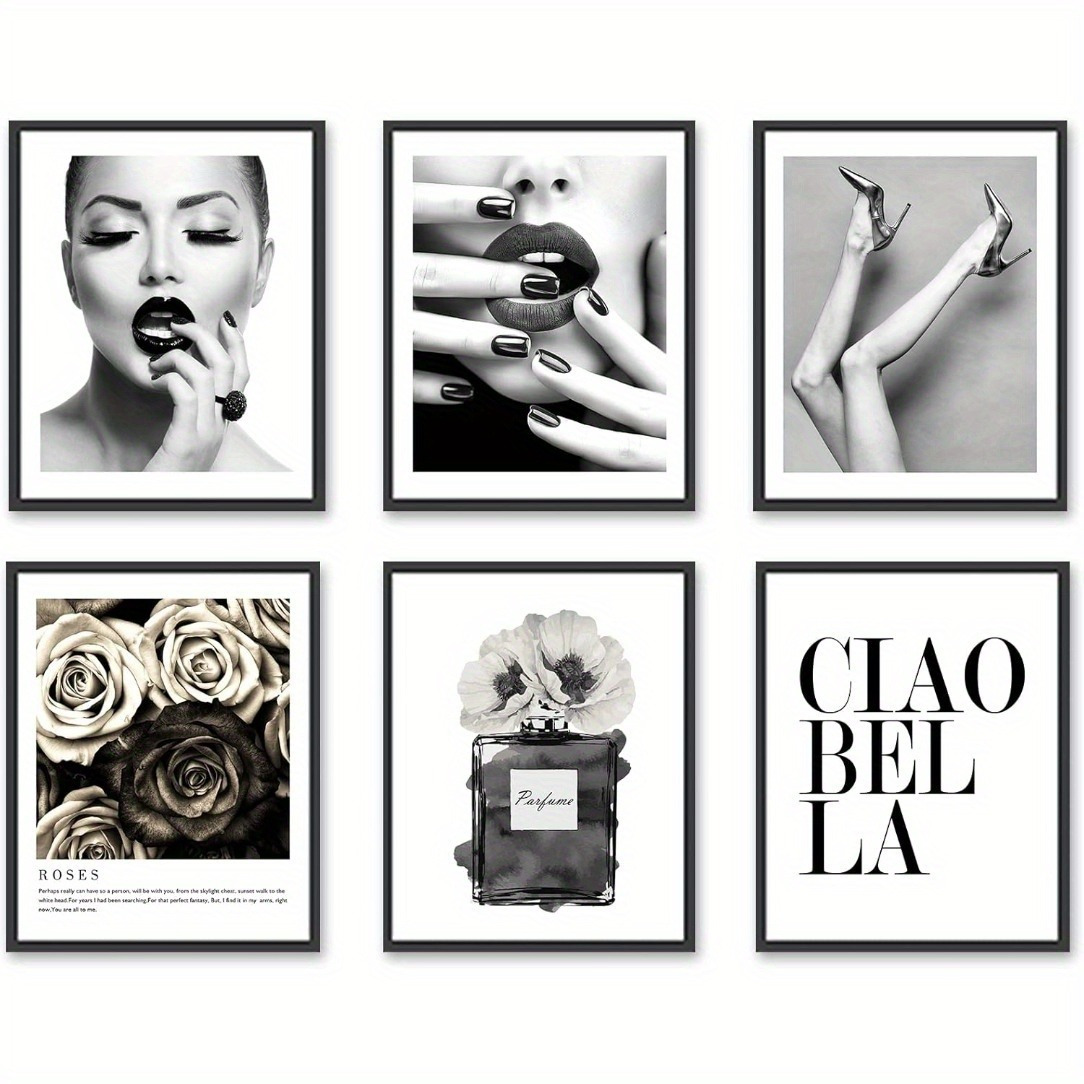TEMU 2d Flat, 2d Flat 6pcs Frameless Stylish Wall Artwork, Modern Black And White Printing, Stylish Female-inspired Bathroom And Home *10inches, 2d