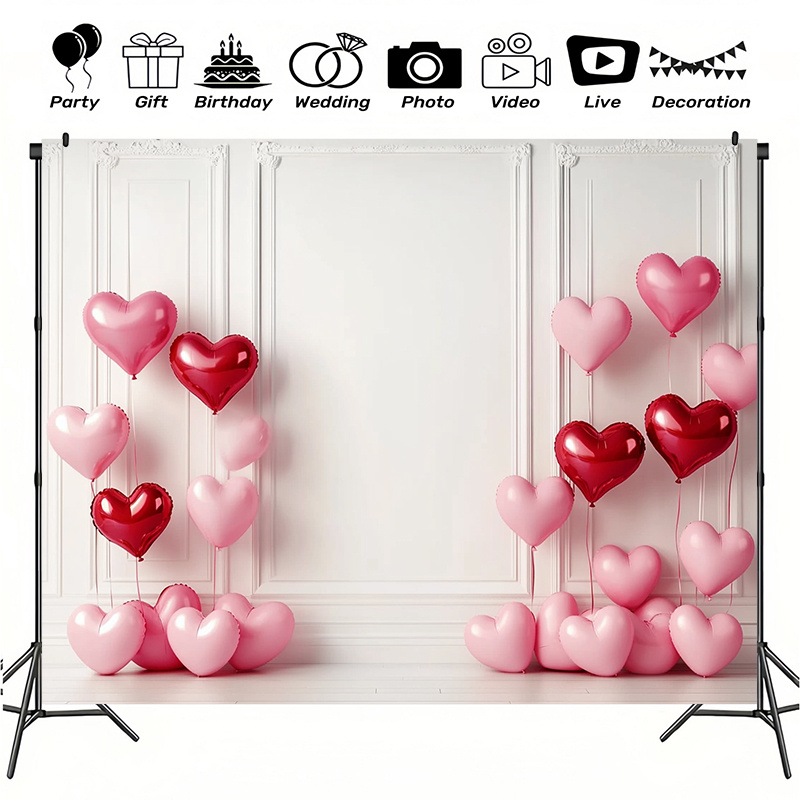 

1pc Classic Polyester Valentine's Day Heart Balloons Backdrop - 100% Polyester Photography Background Cloth For Family Celebrations, Cake Table, , And Studio Props - No Electricity Needed