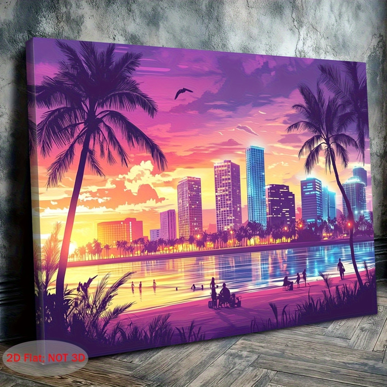 TEMU 2d Flat, 2d Flat, 2d Flat 1pc Miami Sunset Canvas Art - Vibrant Palm Trees And Modern Cityscape Illustration, Ideal For Living Room, Bedroom,