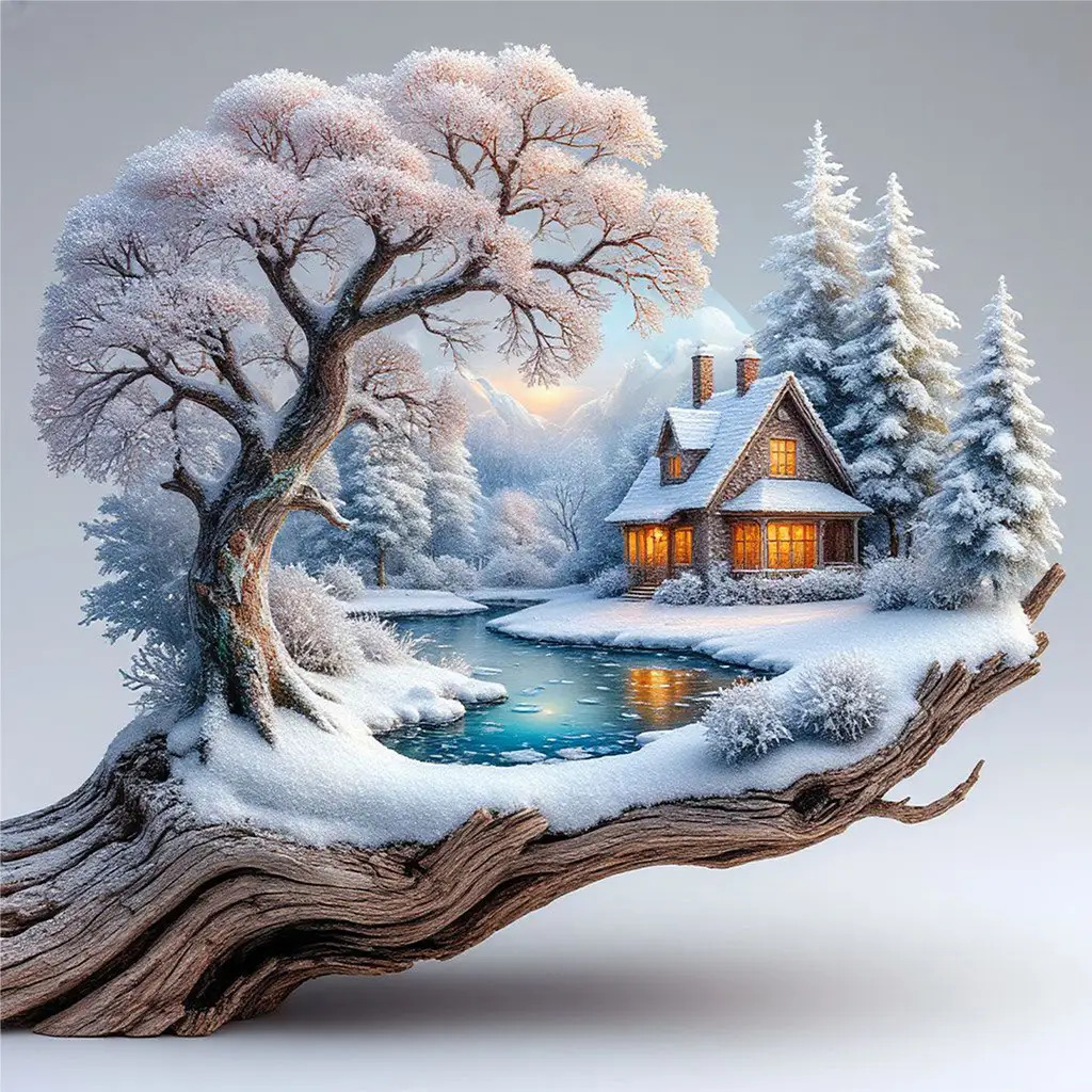 TEMU Adult Beginner 5d Diamond Painting Kit - Winter Snow Village Landscape With Cozy Cottage, Round Acrylic Diamonds, Snow-covered Trees And Lake