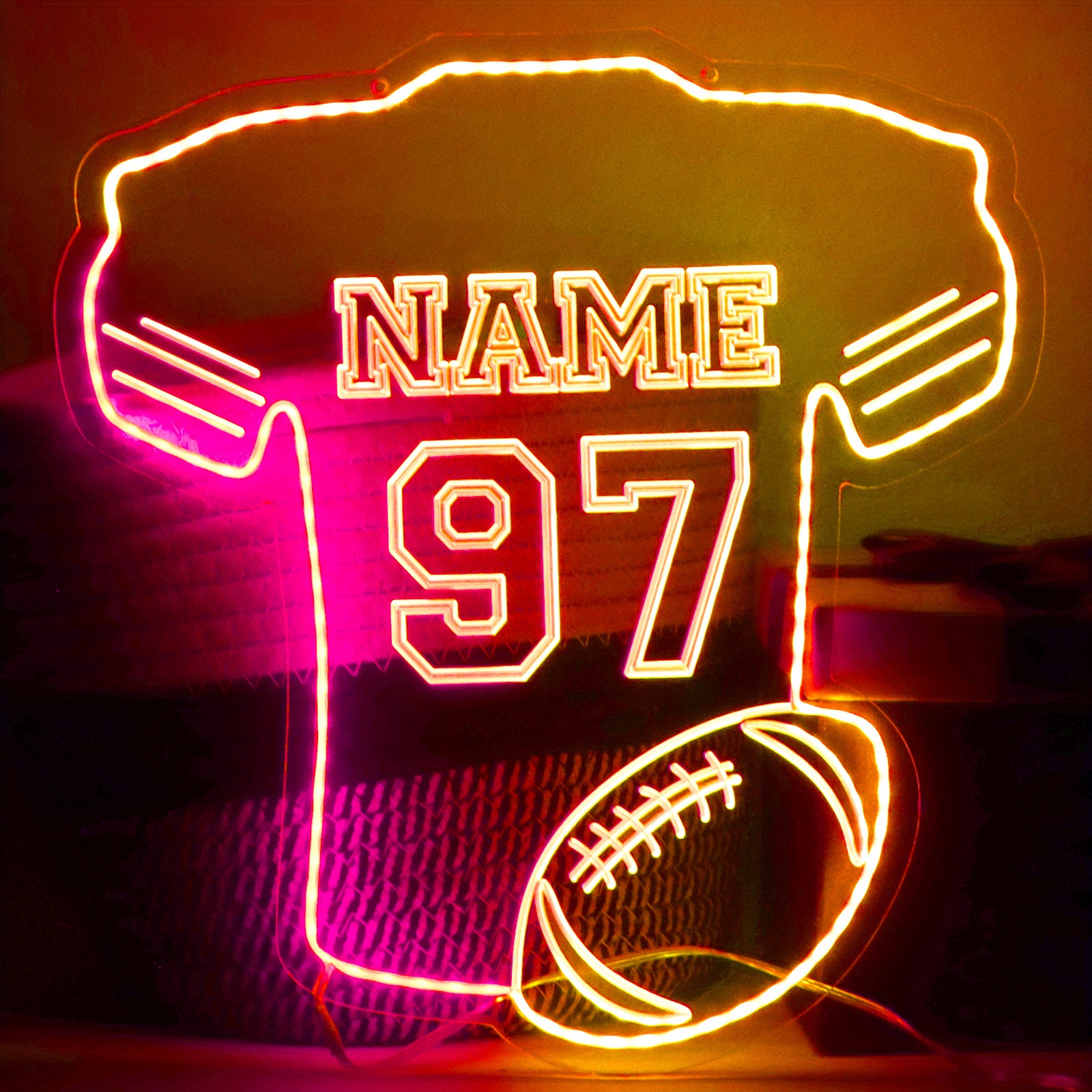 [Vibrant] Customizable Football Jersey Neon Sign, 3D Carved LED Wall  Decor, Personalized Name Number, USB Powered with Push Butt
