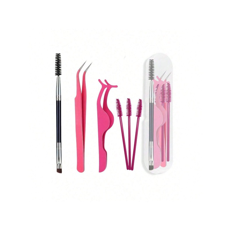 TEMU 6pcs Set Of Eyelash Extension Tweezers And Eyebrow Brush Tools, Stainless Steel Eyelash Extension Tweezers With Tip, 2-in-1 Eyebrow Brush. The