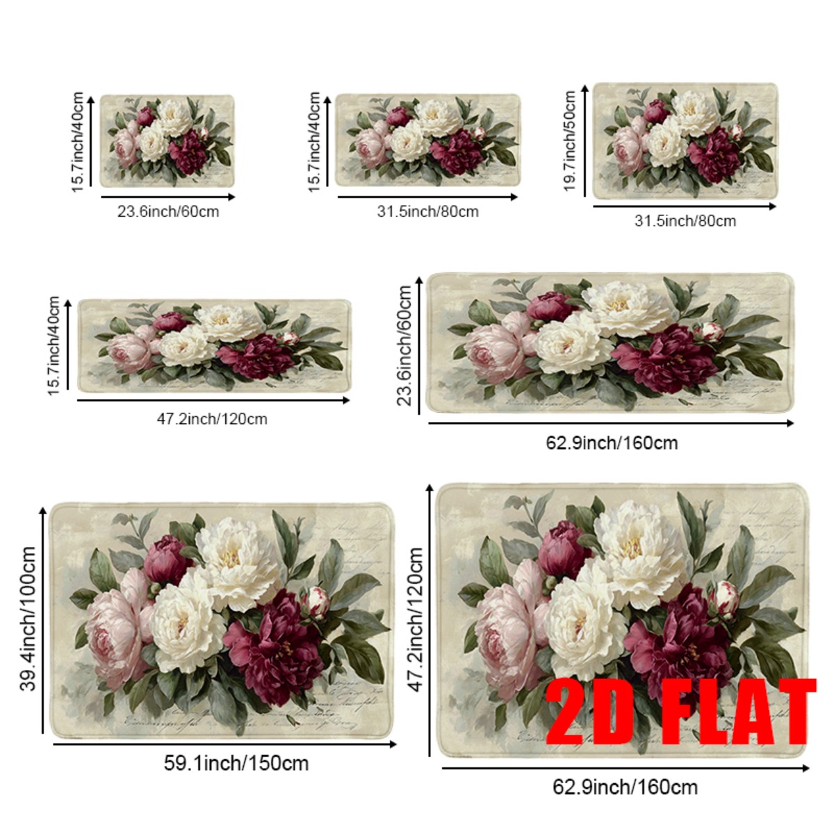 TEMU 2d Flat, 2d Flat, 1pc Elegant Flannel Bathroom Anti-slip Mat | Featuring Soft Pink, Creamy White, And Deep Burgundy Peonies With Green Leaves On
