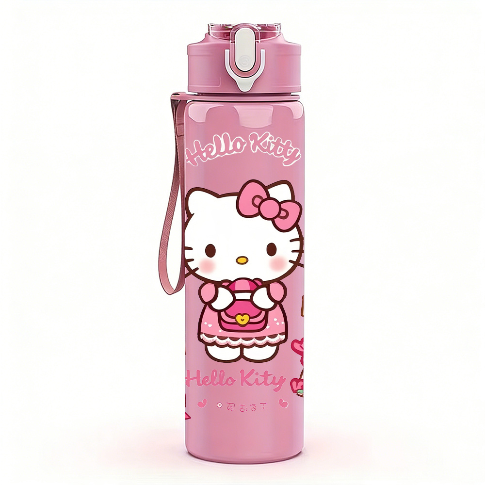 Image of 1pc Hello Cute Printed 750ml Plastic Colored Sports Water Bottle, Leak-proof Pop-up Lid, For Outdoor, Running, Commuting, Travel, Holiday Gift