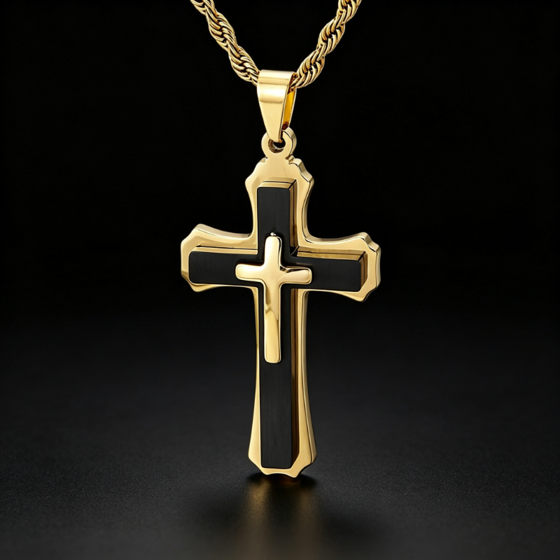 Image of 925 Golden Double Layer Cross Pendant Necklace For Men, Fashion Christian Faith Jewelry, Gift For Christmas Easter Birthday Valentine's Day Father's Day Anniversary, With Gift Box