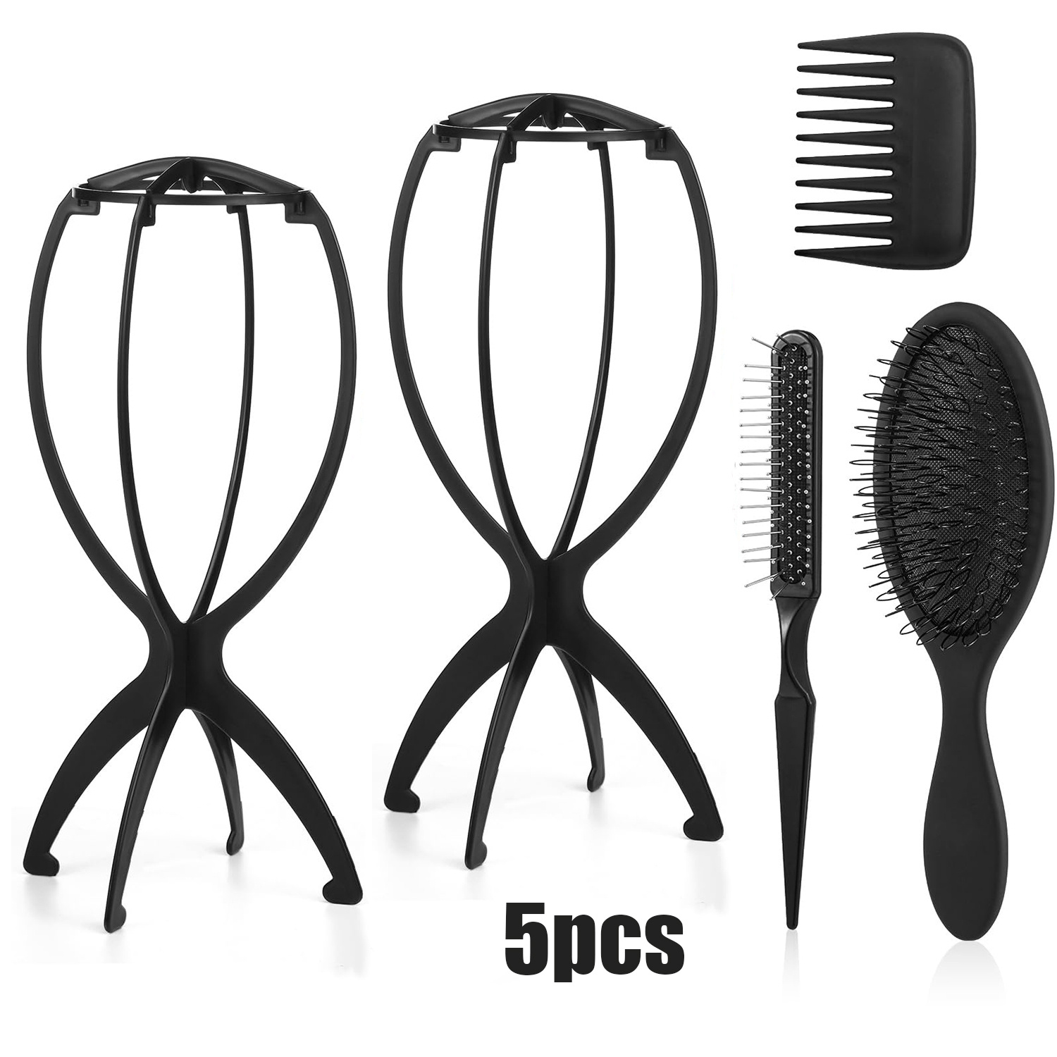 TEMU 5pcs Wig Care Tool Set - Includes 2 Wig Stands & 3 Hair Brush Combs, Women's Travel Portable Wig Storage Rack, For Home Wig & Hat Display
