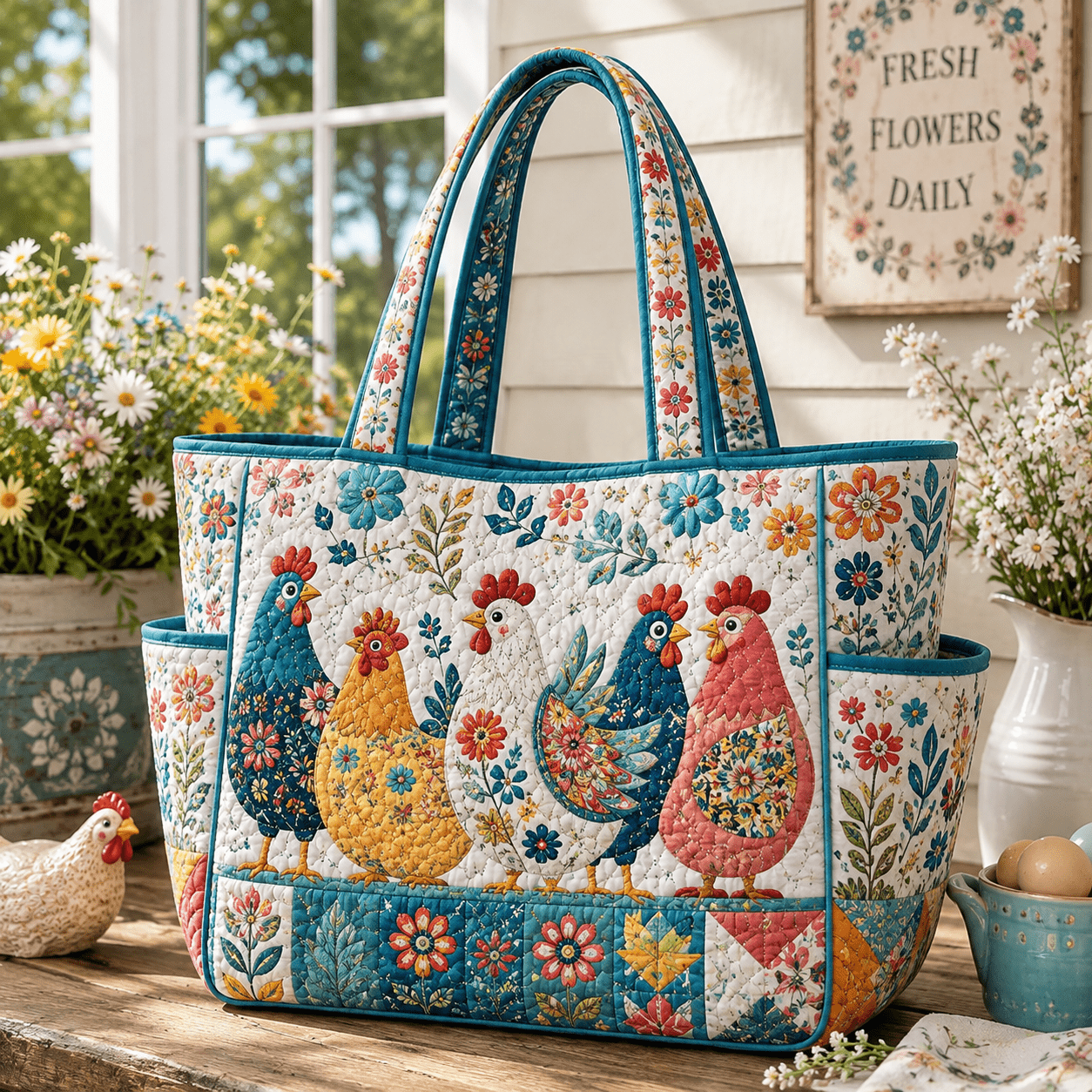 TEMU Women's Quilted Tote Bag With 2 Side Pockets, Hen Floral And Farmhouse Print, Blue Beige , Large Handbag Markets, Picnics, And Everyday Shopping