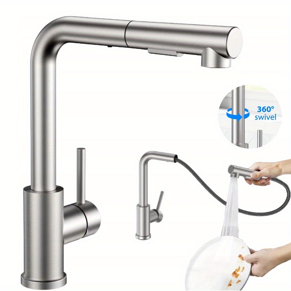 Image of High Quality 1 Set L-shaped Stainless Steel Kitchen Faucet, Pull-out Hot And Cold Water Faucet, With Retractable Spout, 2 Water Flow , Suitable For Kitchens