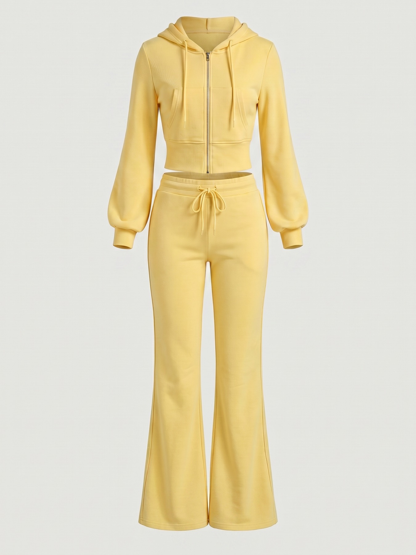 Yellow Zip Up Hoodie Flare Pants 2pcs Set, 2026 New Arrival Cropped Jacket Drawstring Waist Casual Sporty Loungewear Daily Comfortable Matching Outfit for Women