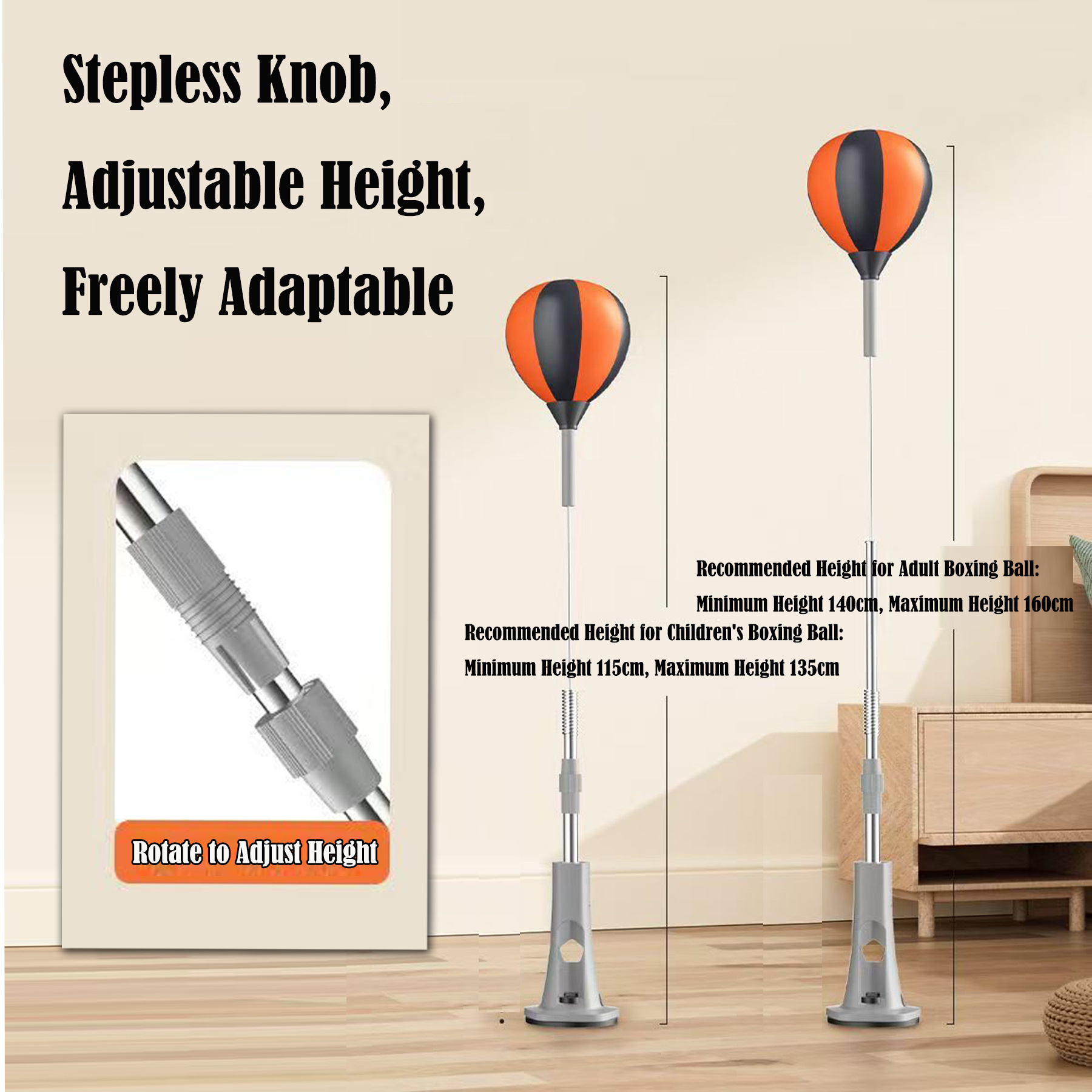 室内搏击沙袋，家用拳击柱 - 多层防护稳固抗打 柔软亲肤耐击打 高度 140-170cm 可调 适配大理石地面 释放压力 健身训练 不倒翁沙袋、速度球靶、成人训练袋、室内健身柱 oz006-01-g6 商品详情 6