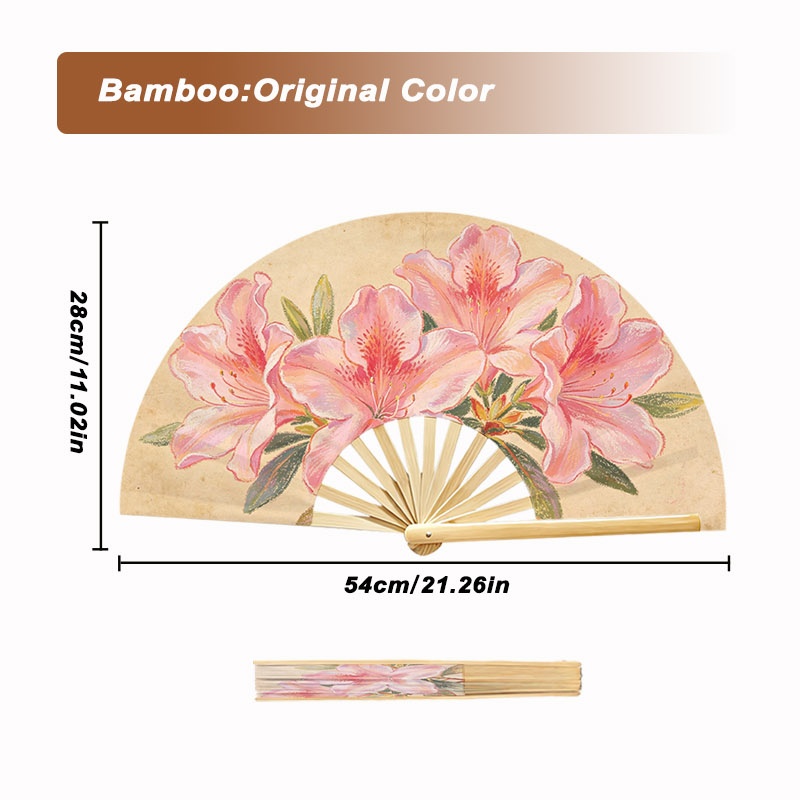 TEMU Vintage 2d Flat Printed Decorative Folding Hand Fan, Natural Bamboo-bamboo Frame, Azalea Flower Illustration Design, Multiple Specifications ,