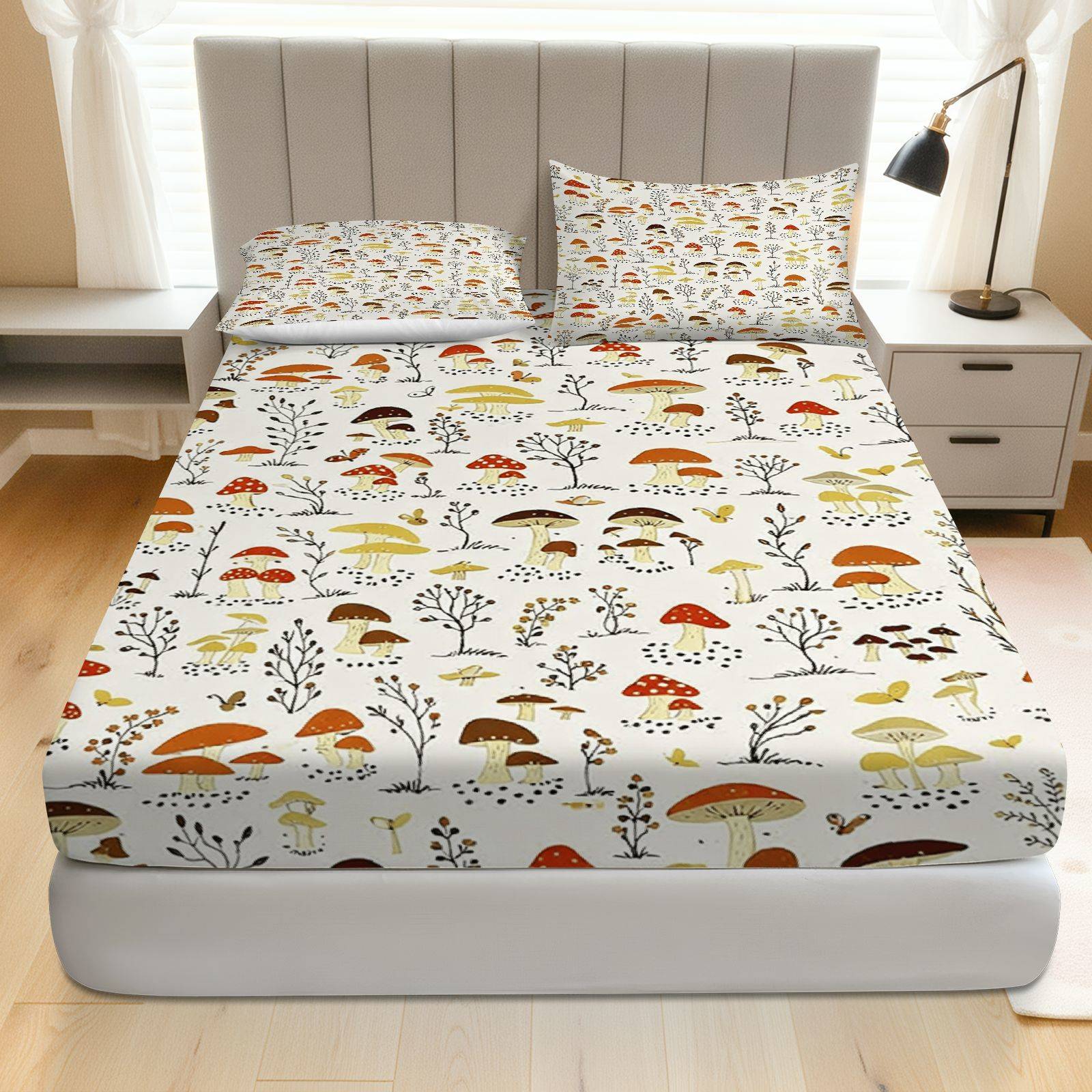 three piece bedding featuring a fitted sheet and two pillowcases with a mushroom woodland design   autumn this cozy boho style mattress protector is soft and breathable