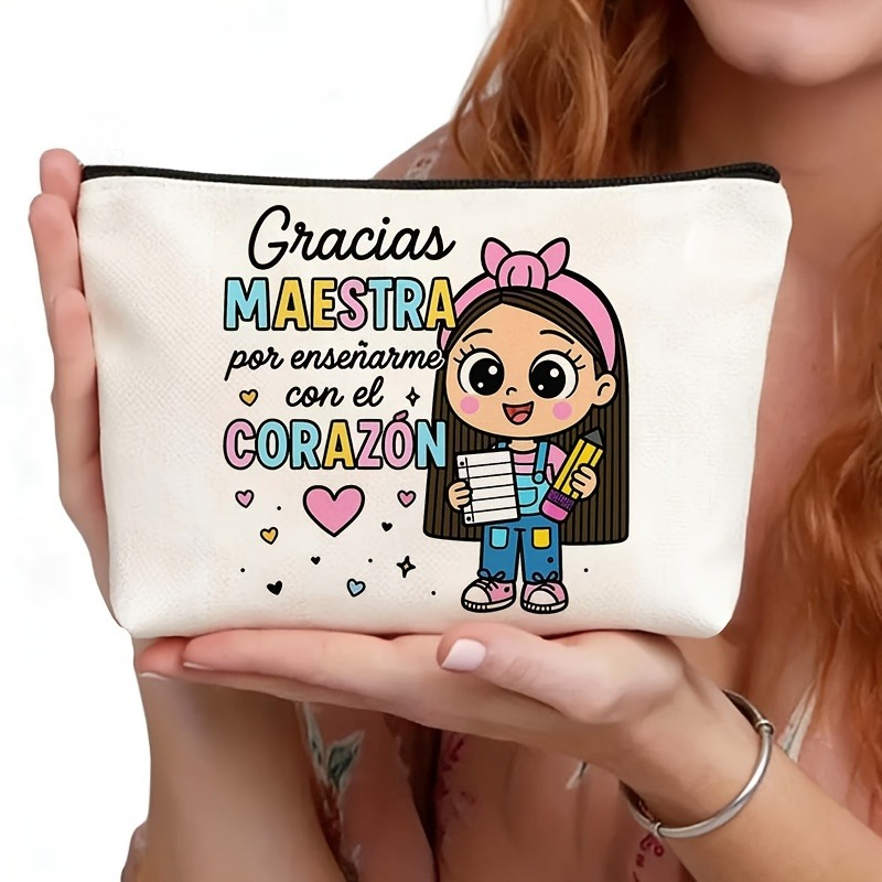 TEMU 1 ud. Bolso de maquillaje de cara para profesora de español "Gracias, profesora" - Diseñado para educadores, con el "Enseñando con " y el texto