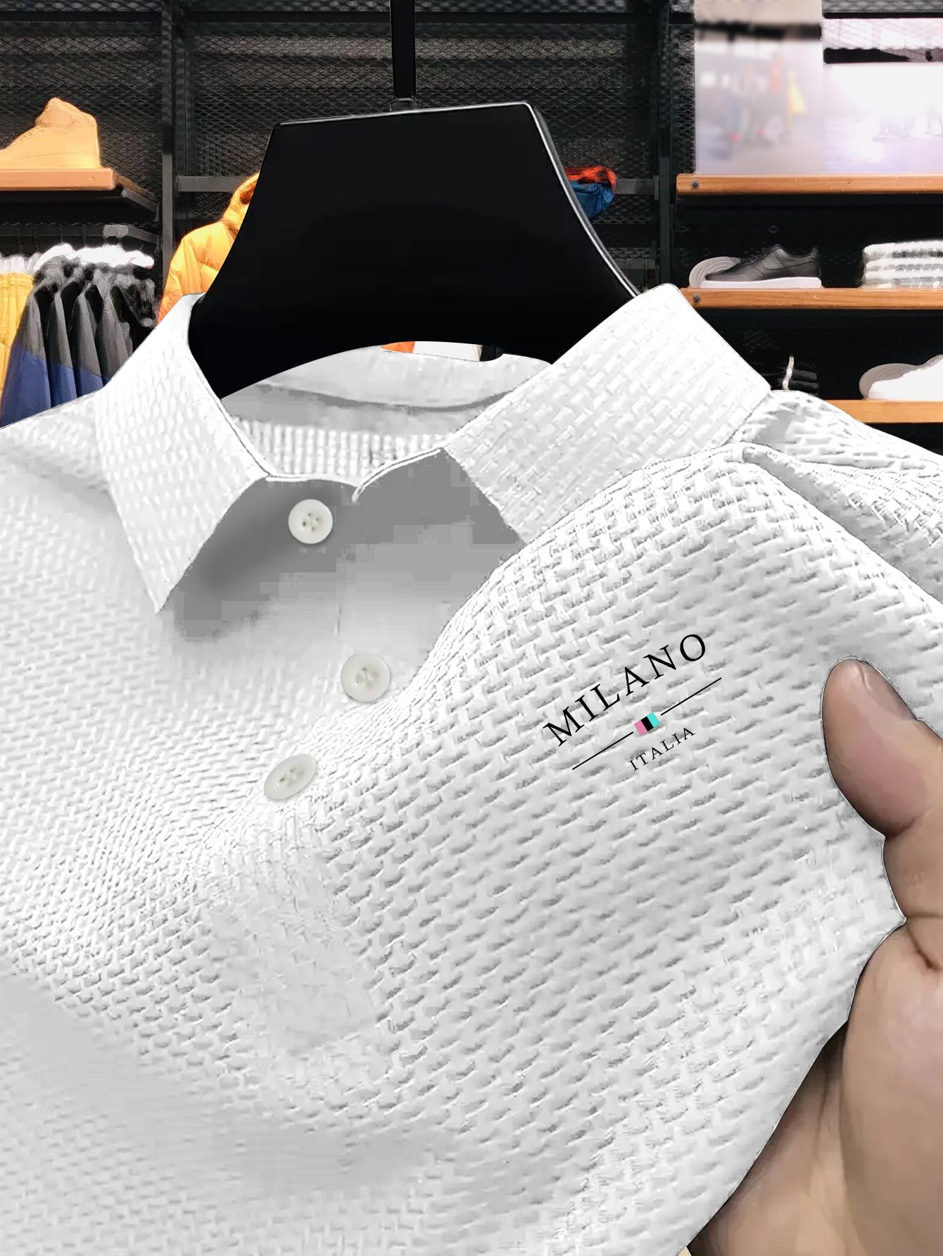 Men's Milan Print Short Sleeve Golf Shirt - Breathable, Stretch Fabric, Button- Collar, Lightweight Business Casual Style for Summer, Tennis & Golf Training