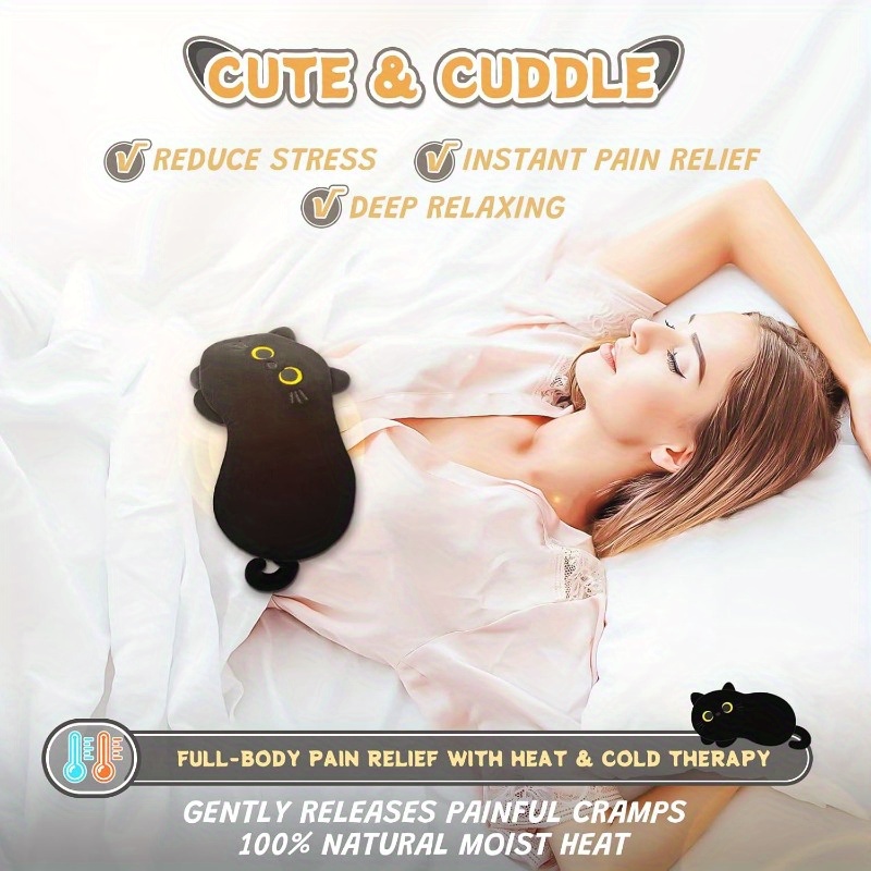 black cat microwavable heating pad - plush stuffed animal with   for cramps & period, menstrual  , soft fluffy ears & paws, microwaveable heat pad for women & girls,   companion, hand wash only, ideal gift for cat lovers, cramp, cute plushie,   heat, guante para artriti, compression glove, arthriti glove Product details 2