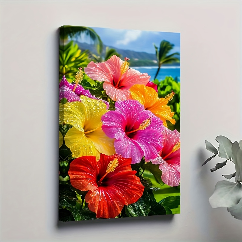 TEMU 2d Flat, 1pc Flower - Vibrant Hibiscus Oil Painting Print Suitable For Living Room,, Bathroom Decor, Wrap-around Solid Wood Frame Canvas