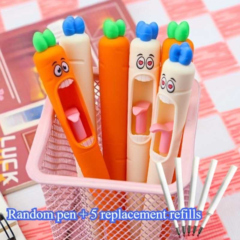 6 Pack Cute Cartoon Carrot Rollerball Pens – Funny School & Office Stationery, Assorted Colors, Unbranded