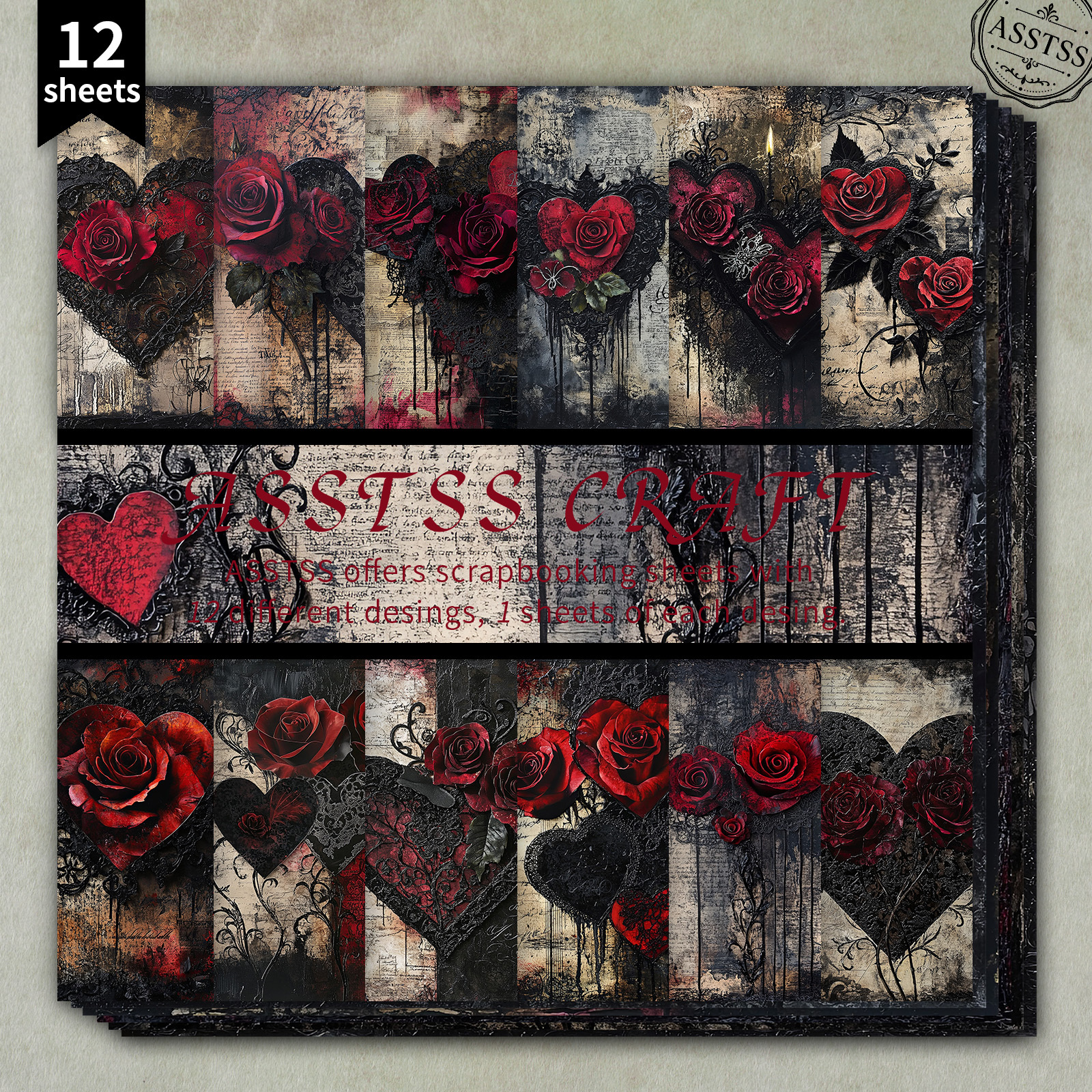 TEMU 12-sheet Asstss 6x6 Inch Scrapbooking Paper Pad, Gothic Vintage Red Rose And Black Lace Splatter Style Backing Paper Supplies, Heavyweight