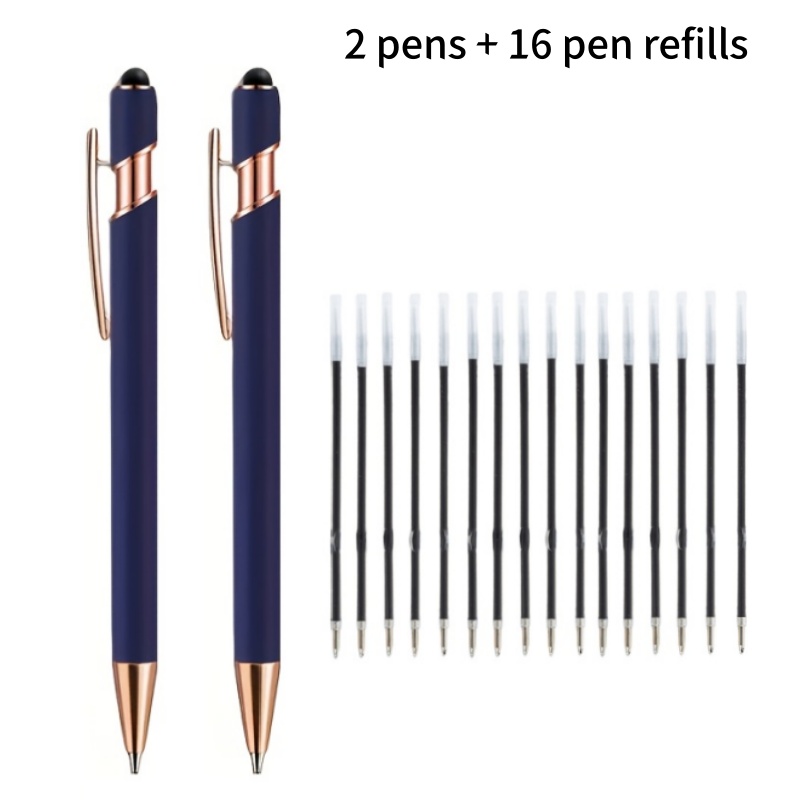 TEMU 18pcs Luxurious Metal Ballpoint Pen Set, Blue Fashionable Design, Includes 2 Pens With 16 Refills, Smooth Writing, Dual-tip Design With Screen