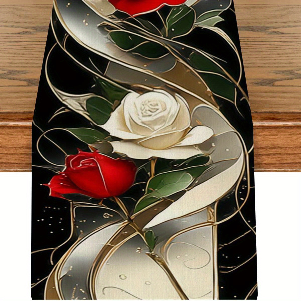 TEMU 1 Stück, Rot-Weißer Rosen-Verwobener Tischläufer, mit Goldenen Dekorativen Linien Grünen Blättern, Exquisite Blumenkunst, Langes Design, Klar,