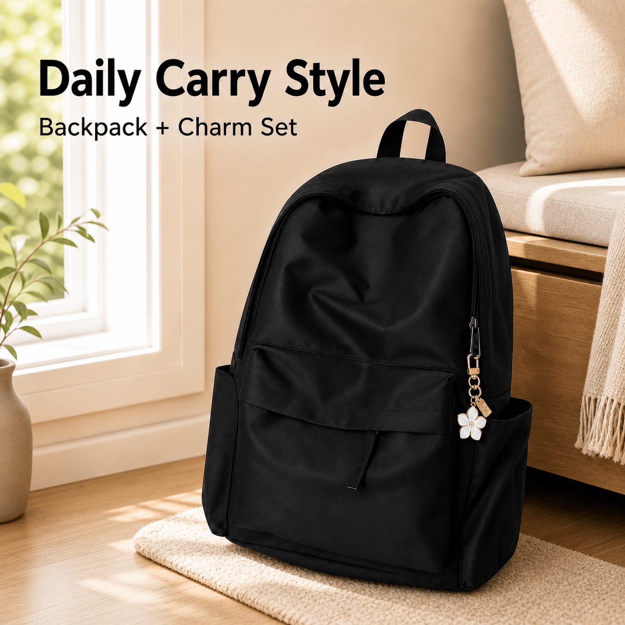 TEMU Lightweight, Business Casual Large Capacity, Add Flower Keychain Minimalist, Fashion Casual Shopping Backpack, Portable Pocket Front Functional