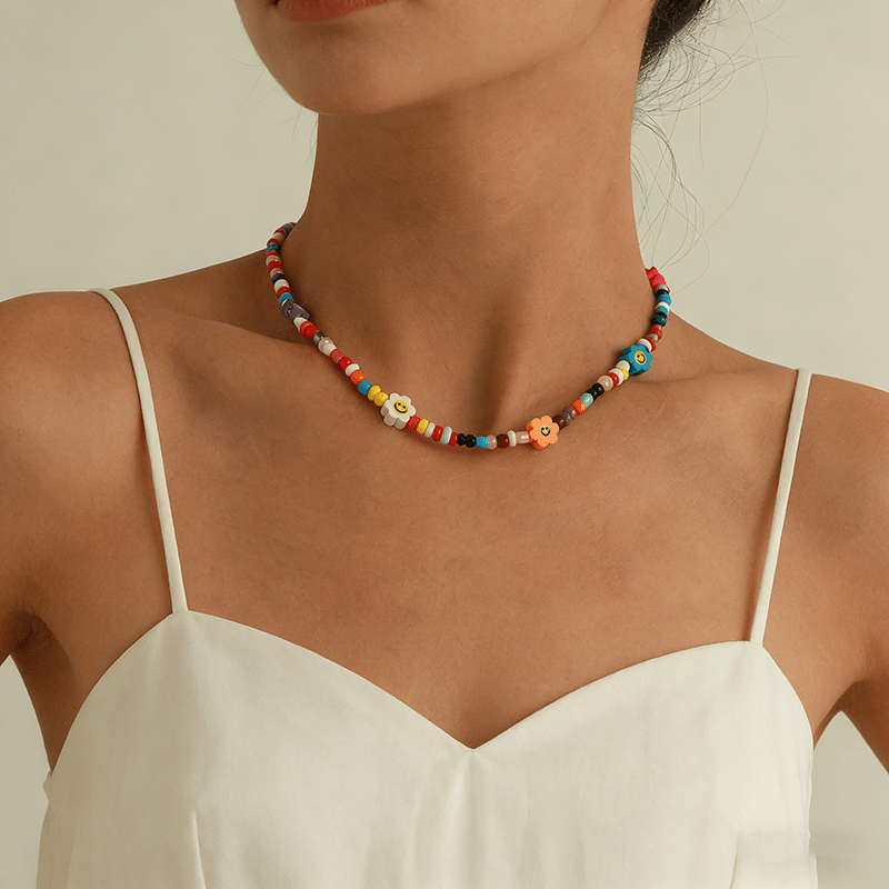 TEMU 1pc Summer Individual Dopamine Colored Flower Rice Bead Round Bead Neck Chain, Beach Vacation Flower Colored Round Bead Neck Chain, Women's