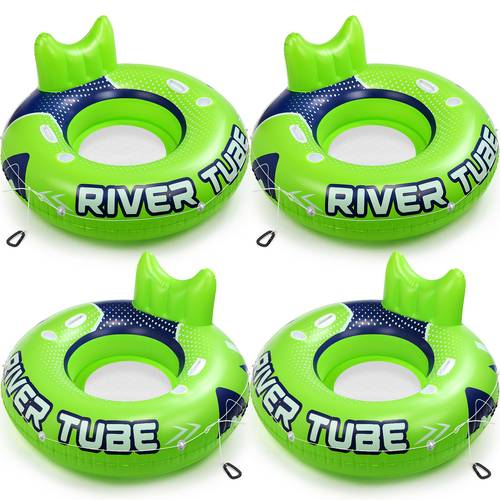 4pcs Heavy-Duty Large Inflatable River Tube Float Suitable for Adults - 53” Pool Raft with Mesh Backrest, Cup Holders & Handles, PVC Tubing for Lake, Pool Parties, Chair Lounger (Holds 300lb Capacity)