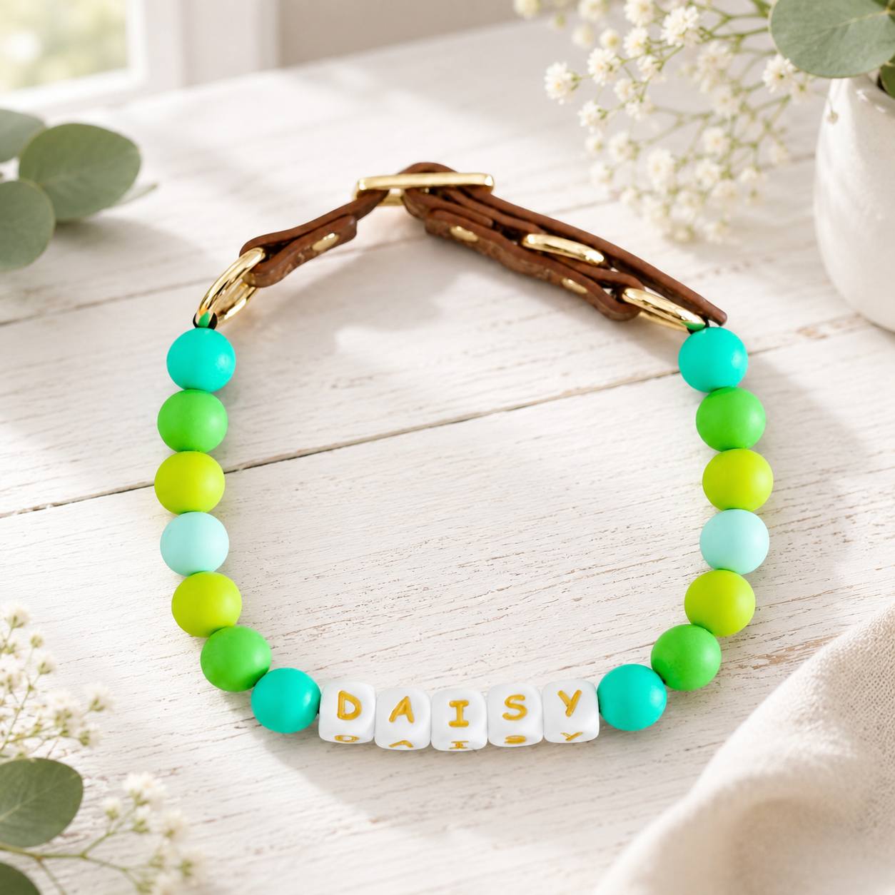 Custom Name Beaded Pet Collar with Adjustable PU Design