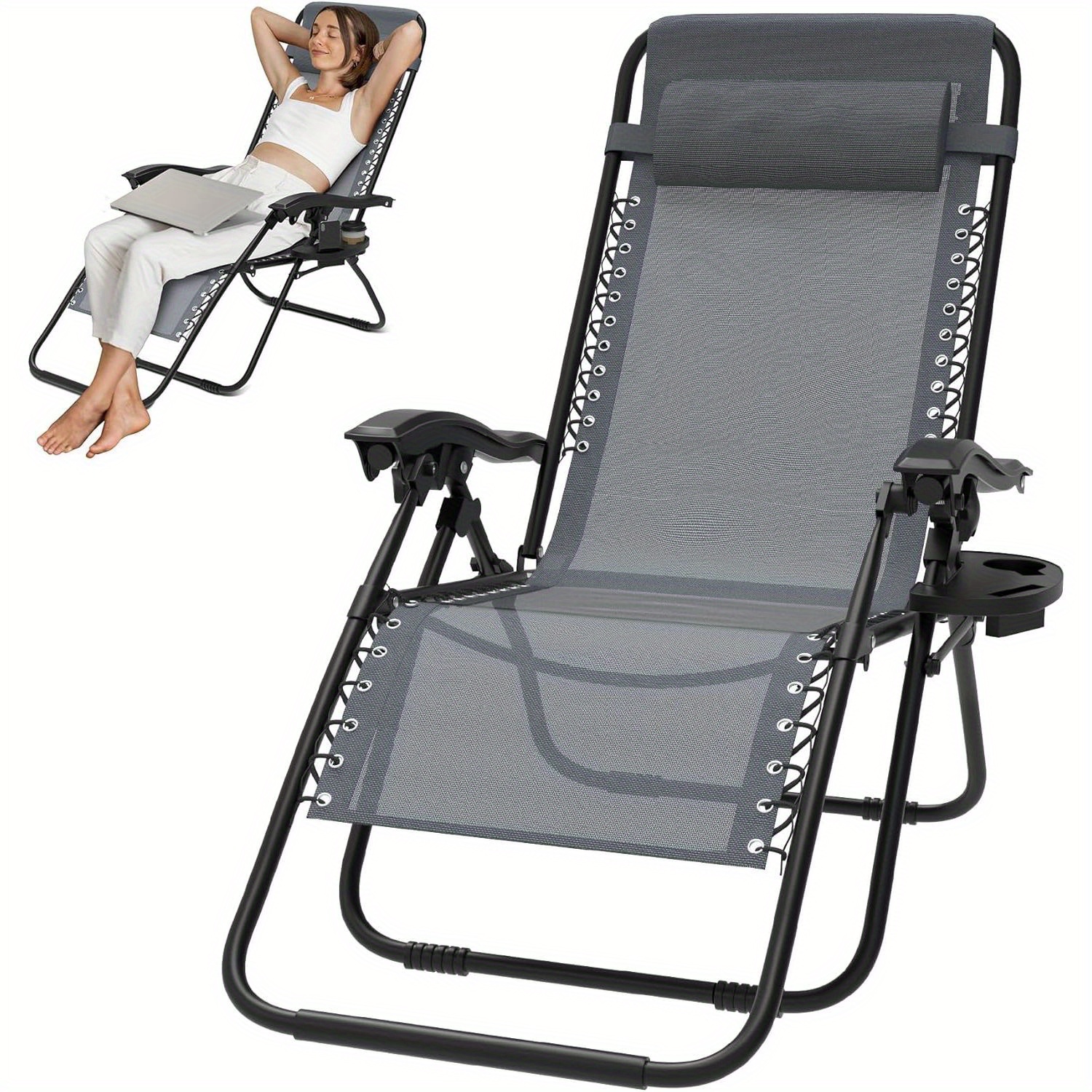 Folding Garden Chair Sun Lounger With Headrest And Cup Holder Sun Lounger For Garden & Camping Adjustable Backrest Portable Beach Lounger Loadable Up To 120kg