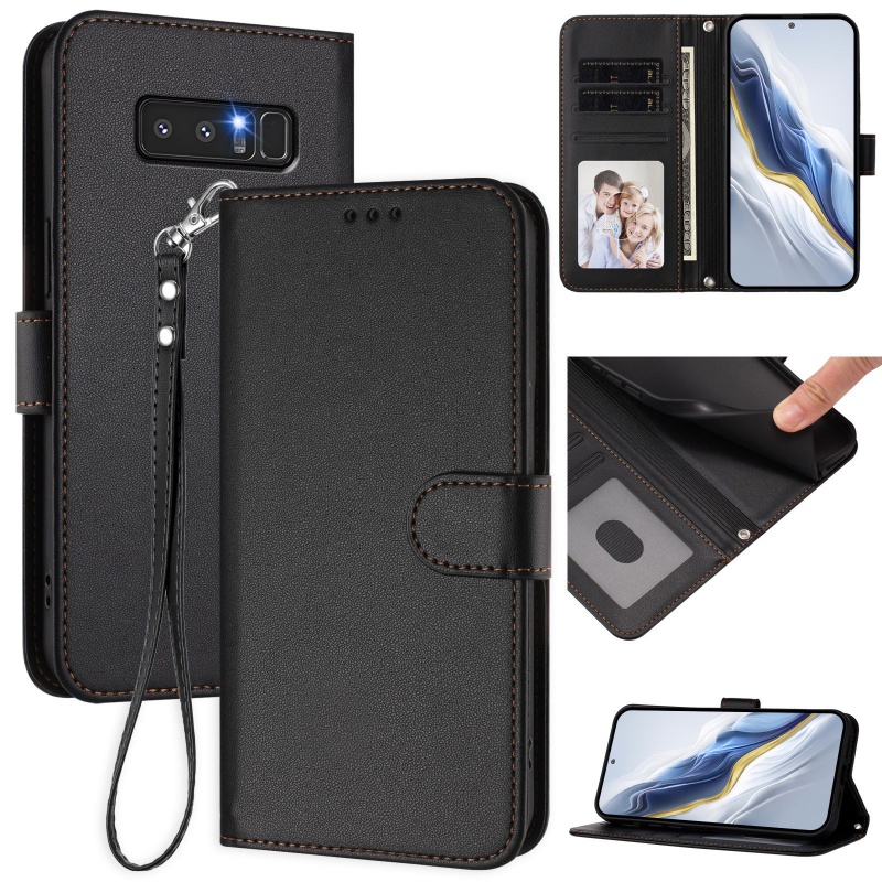 phone case wrist strap faux leather flip magnetic phone case suitable for samsung for galaxy note 8 with 3 card slots cash pocket card case anti fall solid color stand protective case