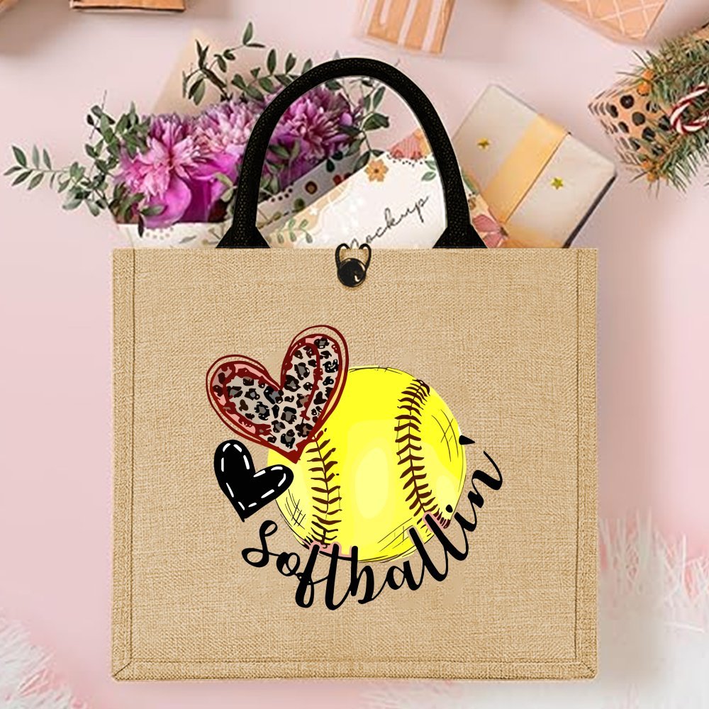 TEMU Softball-themed Jute Tote Bag With "" Design – Large Capacity, Durable Fabric Handbag For Shopping, Travel, And Outdoor Activities