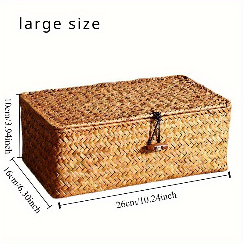 Image of 1pc Vintage Hand Woven Storage Rack Basket, Makeup Gift Organizer Box, 2pcs Size Options Desktop Miscellaneous Storage Box, Strap Flat Cover Straw Woven Storage Basket