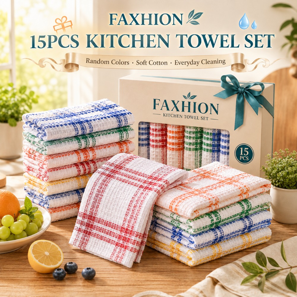 TEMU Faxhion 15pcs Kitchen Dish Towel, Soft And Absorbent, Reusable Waffle Weave Cleaning Cloth, Machine Washable Multicolor Square Towel, Durable
