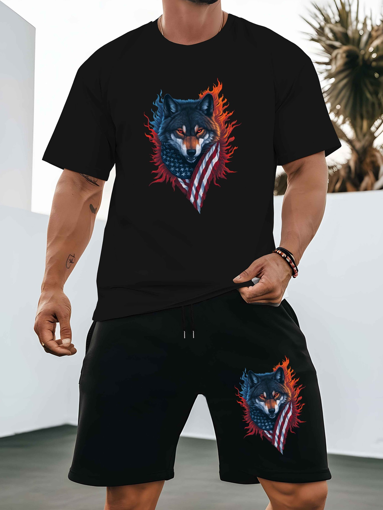 wolf flag new mens short sleeved shorts suit summer fashion Temu