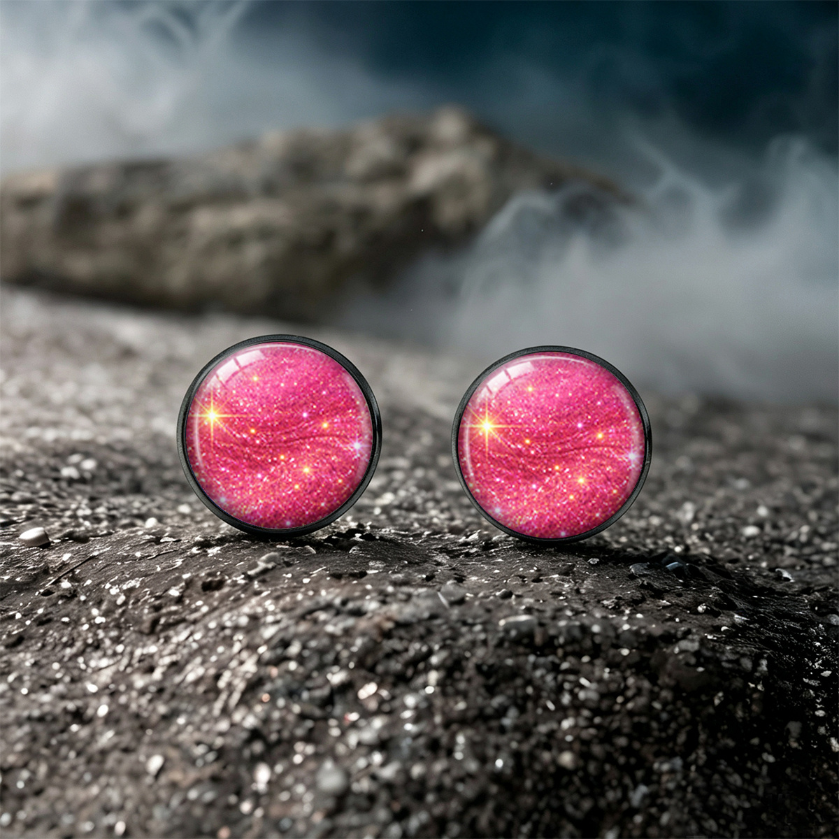 TEMU 1 Paar verträumte rosa Sternenlicht-Galaxie-Druck Edelstahl runde Steckerohrringe, süße coole romantische vielseitige Unisex-Ohrringe