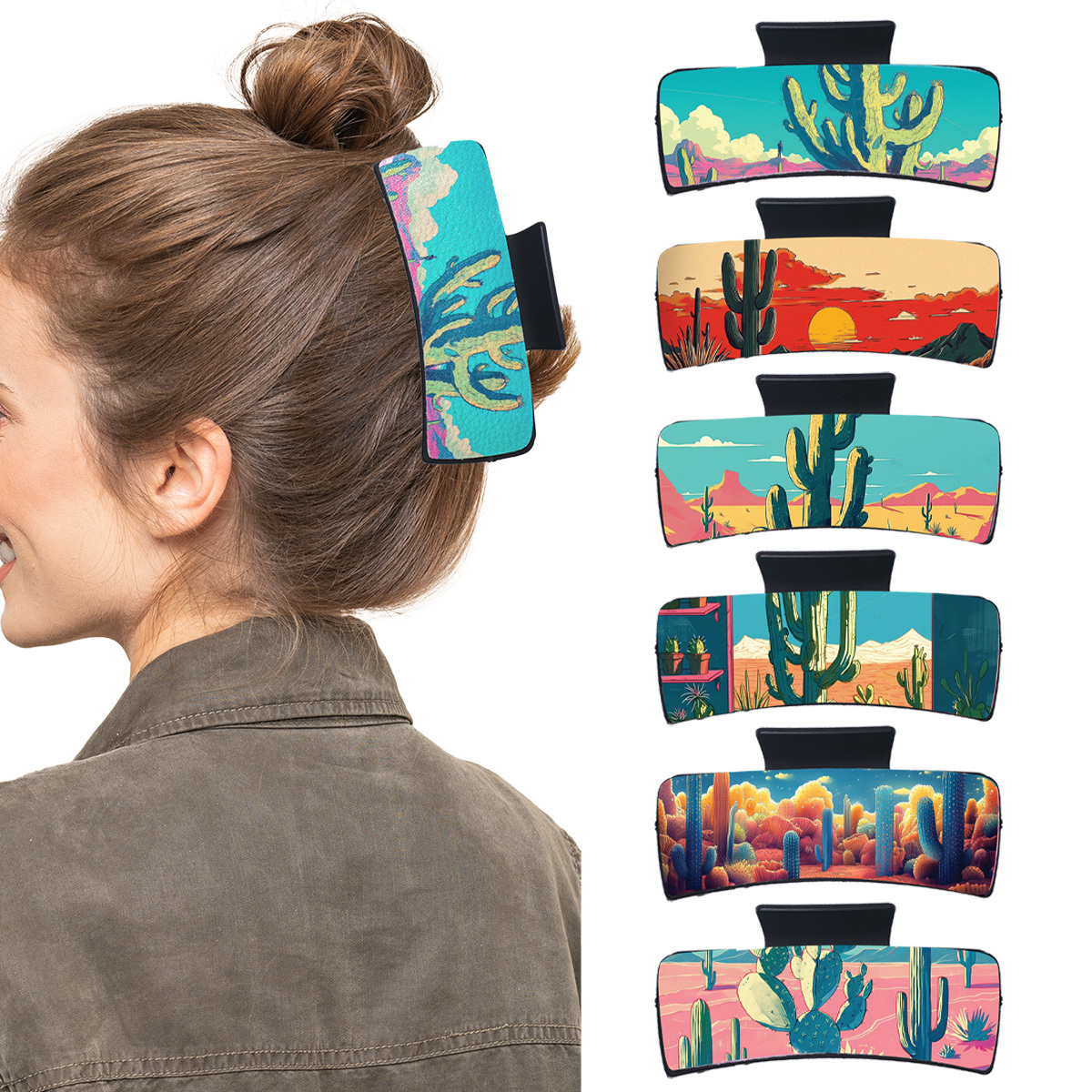 

6pcs Cactus & Print Hair Claw Set - Large, Leather Hair Accessories For Women And Girls - Perfect Gift Idea