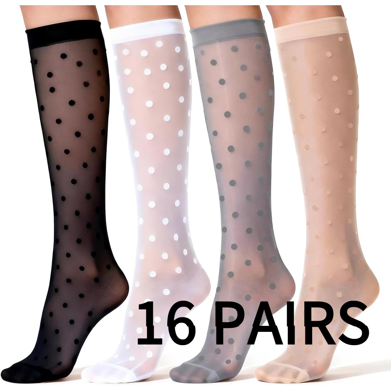 TEMU 16 Pairs Over Knee High Stockings - Women's Polka Dot Sheer Socks For Daily Wear, Office, Party, Costume, And Cosplay - Thin, Stretchy,