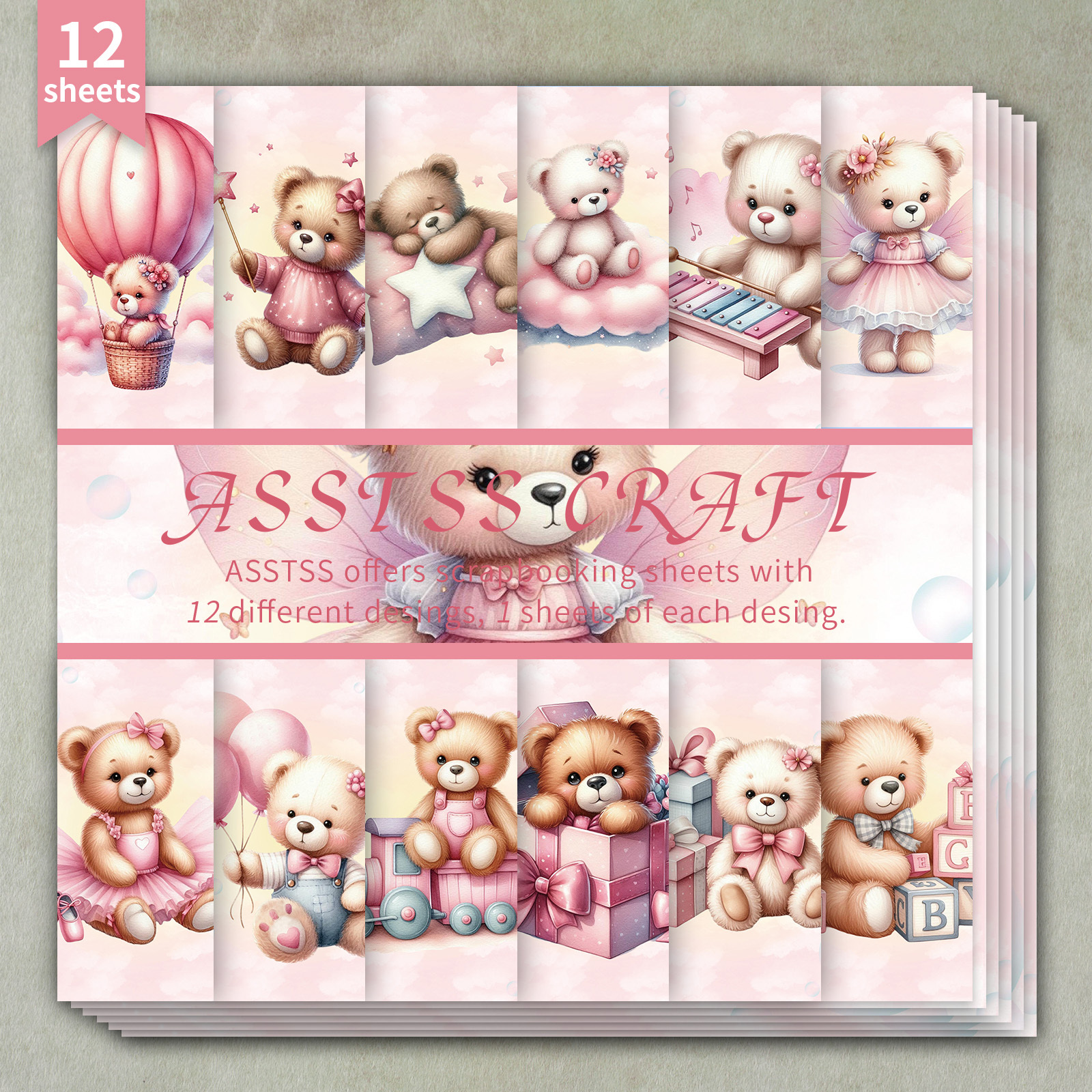 TEMU 12-sheet Asstss Inches Scrapbooking Paper Pad, Bear Whimsical Watercolor Baby Backing Paper Supplies, Heavyweight Cardstock For Journaling,