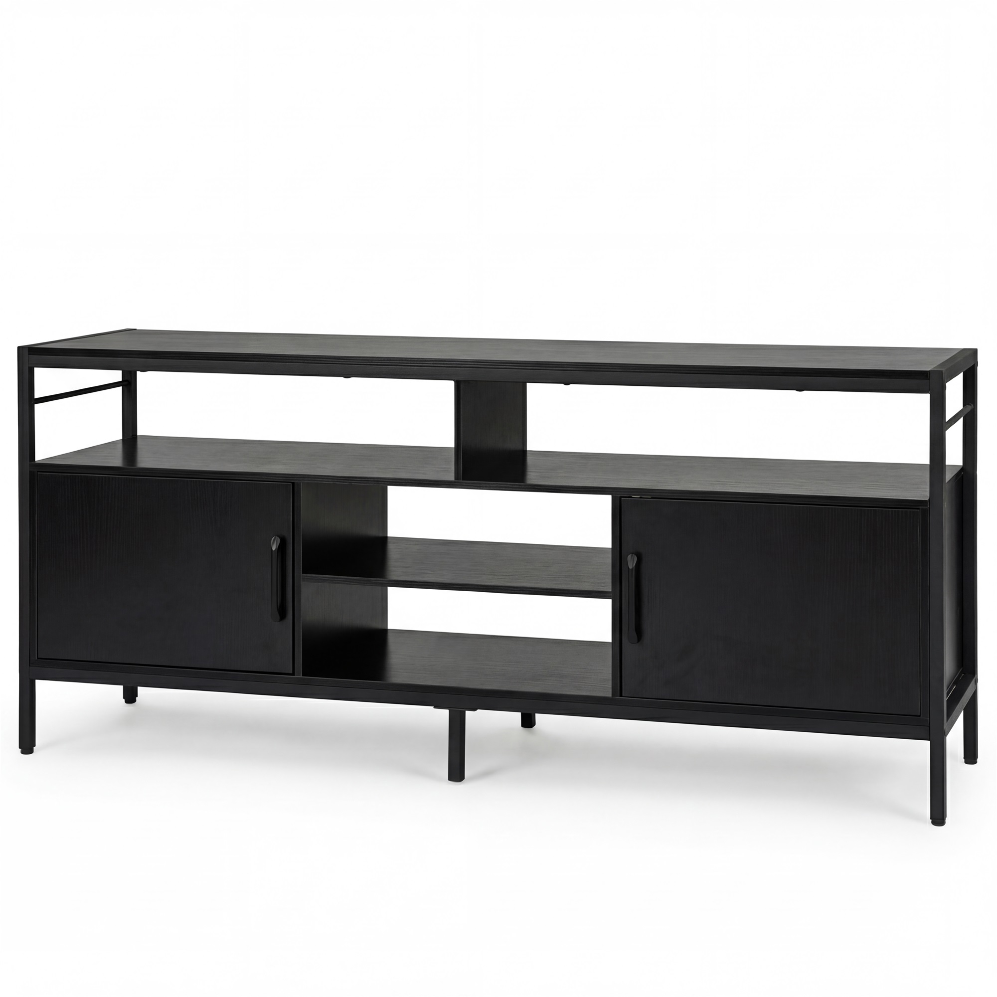 Image of Tv Stand For Tvs Up To 65", Entertainment Center With 2 Storage Cabinets And 4 Open Shelves, Wooden Tv Cabinet With Raised Metal Legs, Media Table For Living Room, Black