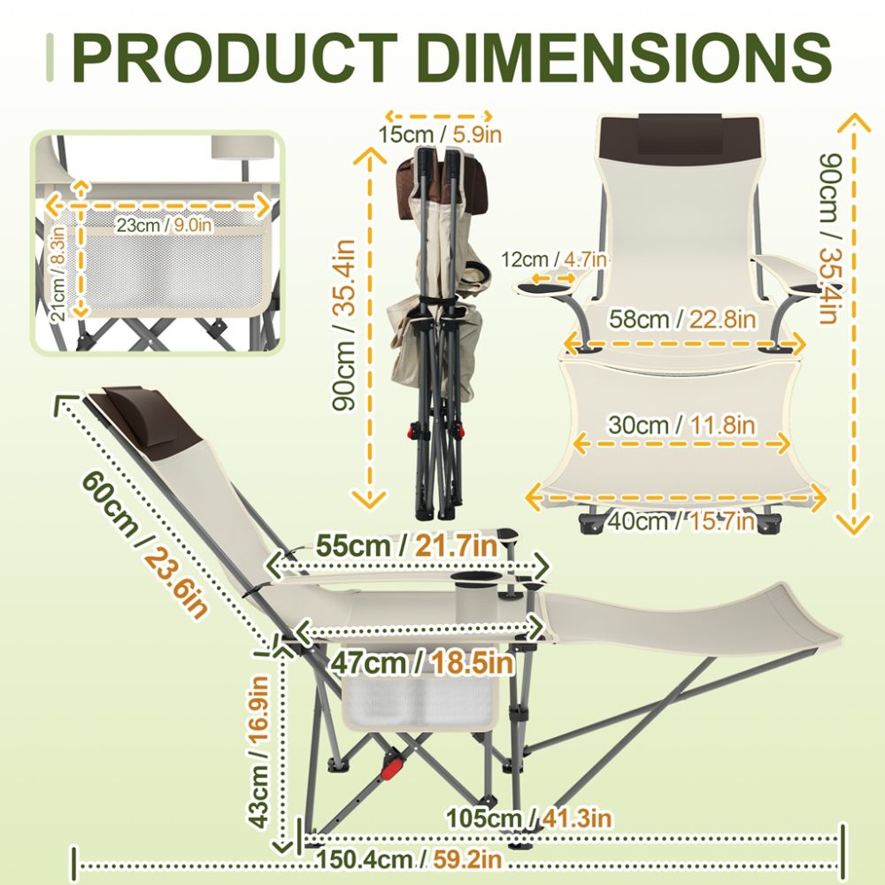 Foldable Camping Chair With Adjustable Backrest, Reclining And Relaxing Chair Including Bag, Ideal For Garden, Picnic And Hiking, Beige/black