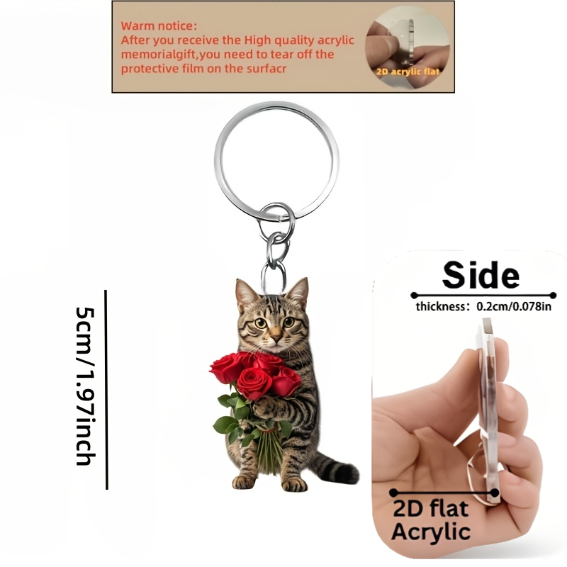 TEMU 2d Flat, Cute Calico Cat Holding Red Rose Pattern Keychain, Fun 2d Flat Acrylic Design Multi-functional Key Chain, Key Ring Decoration, Suitable