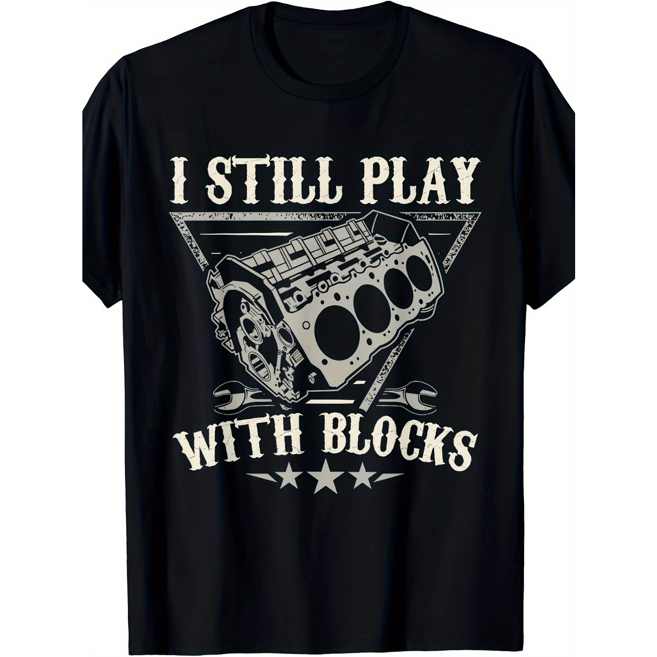 

1pc Men's Cotton Crew Neck T-shirt - " Play With Building Blocks" Car Mechanic Motor Engine Print, Casual Tee With Slight Stretch, Regular Fit