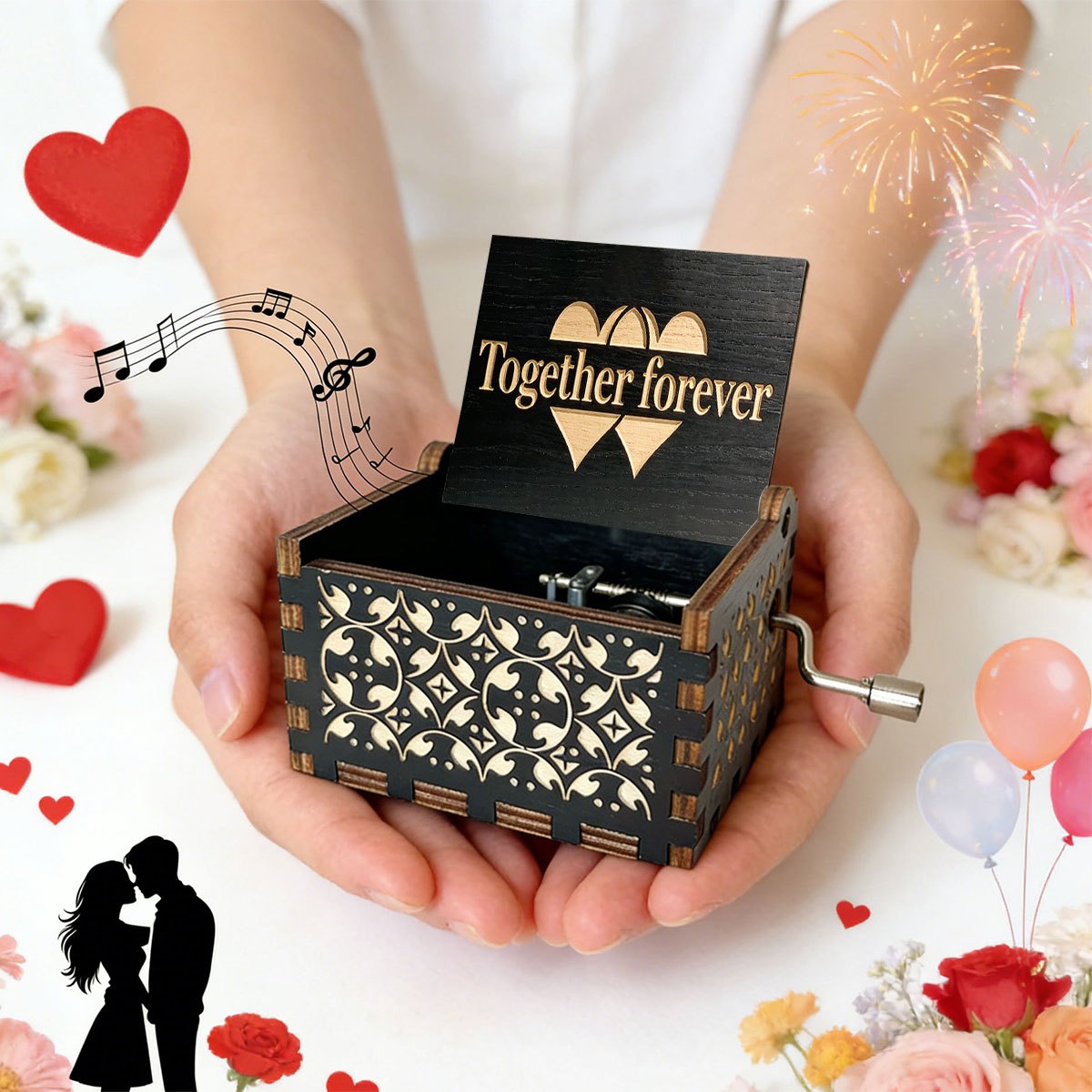 TEMU 1pc Black Wooden Carved Music Box With Heart Pattern Decoration, Hand-cranked Sound, A Decor Item, Couples' Anniversaries And Birthdays,