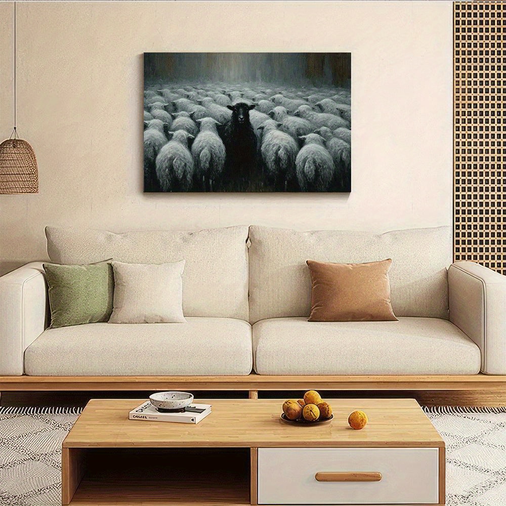 1pc Black Sheep in White Flock Canvas Art Print - Frameless Wall Decor for Living Room, Bedroom, Office, Bar, Cafe - Ideal Gift for Thanksgiving, Halloween, Christmas, New Year'S Day, Sheep Decor