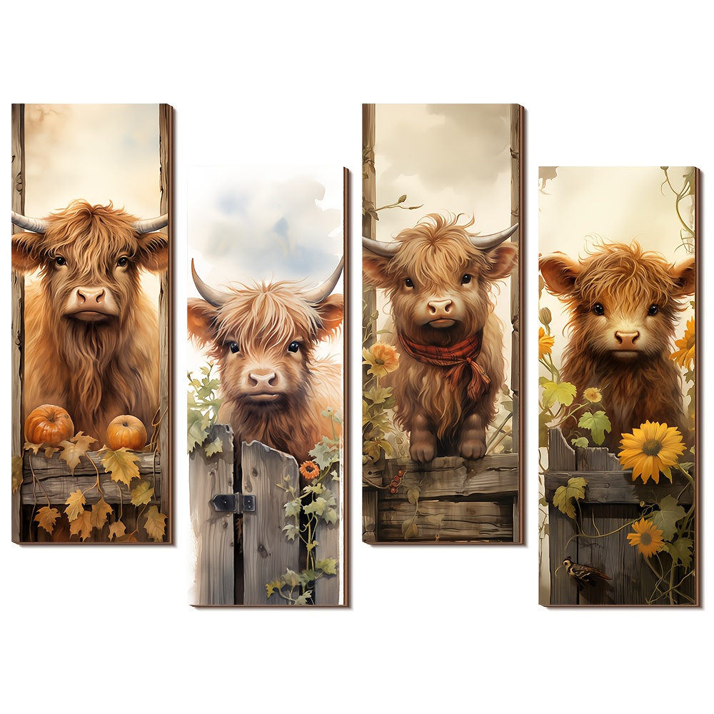 TEMU 2d Flat, Wall Décor 4pcs Set, Rustic Highland Cow Wall Art, Vintage Style Wooden Hanging Ornament, Country Farmhouse , Valentine's Day Gift,