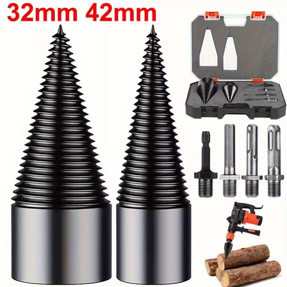 TEMU Wood Splitter , 32mm + 42mm + 4 Handles, With Storage Box, Heavy Duty Screw Cone Driver, Firewood Log Splitter Drill Bit Set, Wood Splitters